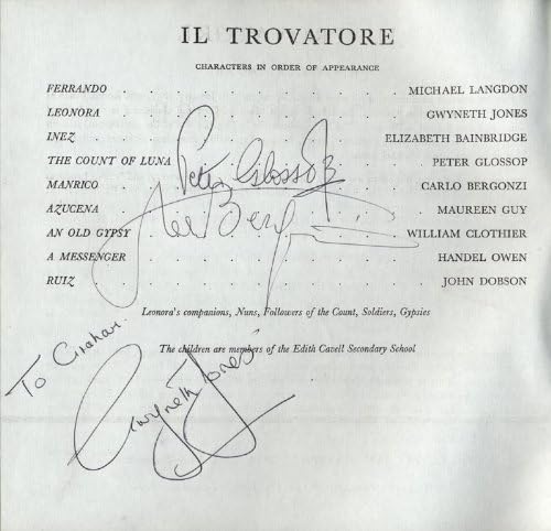 Gwyneth Џонс - Впишани Програма Потпишан Circa 1965 ко-потпишан од страна на Карло Bergonzi, Петар Glossop