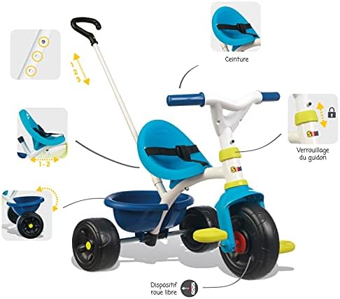 Smoby Сина 2-во-1 Притисни Заедно Trike со Родител се Справи и Деца Forst Tricycle - Светли и Шарени Дизајн со сигурна и Безбедна