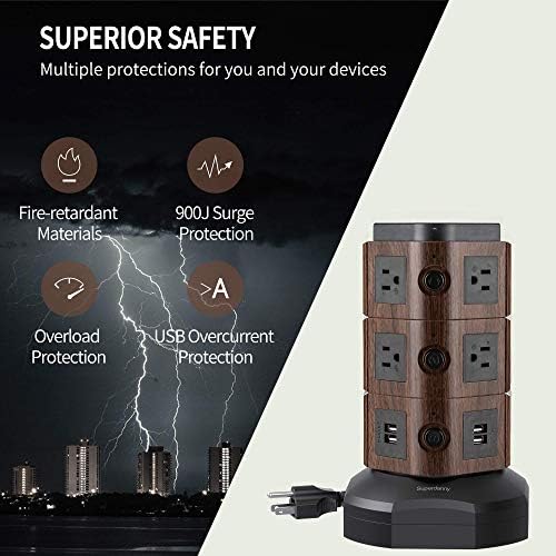 SUPERDANNY Surge Protector Кула со 10AC 4 USB 10W Безжичен Полнач + Моќ Лента Кула Surge Protector Вертикална Станица за Полнење