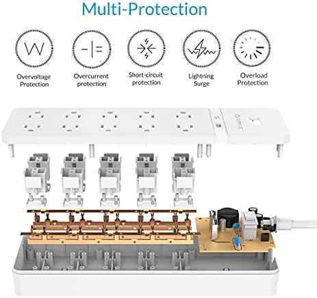 ORICO Моќ Лента & Кабел за Управување со Кутија Пакет, 10 Места 2 USB Surge Protector со 5ft Продолжување Кабелот & Extral Голем