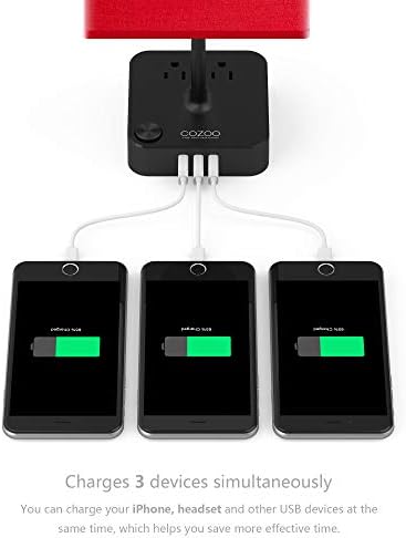COZOO USB Ноќни Табела & Маса Светилка со 3 Полнење преку USB Порти и 2 Места Моќ Лента,Плоштад Црна Полначот База со Лен Црвена