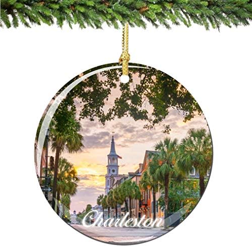 Град-Сувенири Чарлстон Јужна Каролина Божиќ Порцелански Украс Двојно Двострано 2.75 Инчи