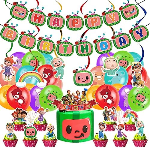 JJ-диња Роденден Украси,Вклучуваат Среќен Роденден Банер,Виси Swirla,Латекс Балони,Алуминиум балони и Торта Toppers,Цртан филм Лубеницата