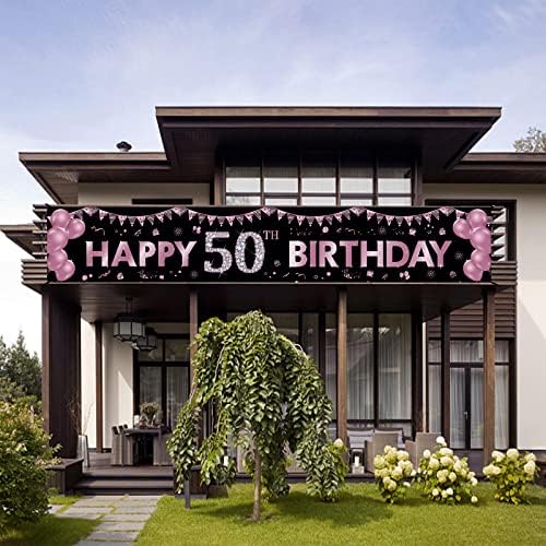 Голем 50th Birthday Банер Украси, Виолетова Среќен 50 Роденден на потрошен материјал за Девојки, Педесет Роденден Отворен Двор Знак