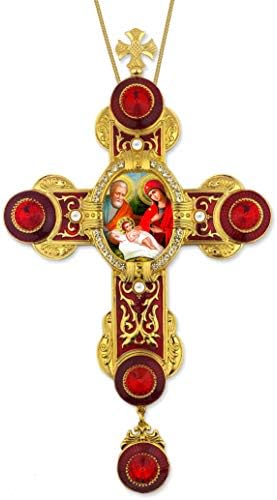 Светиот Семејство руската Икона Ѕид Крстот Pendant Соба Божиќ Декорација Подарок 9 Инчен, Црвена Емајлирани Faux Монистра и Кристали