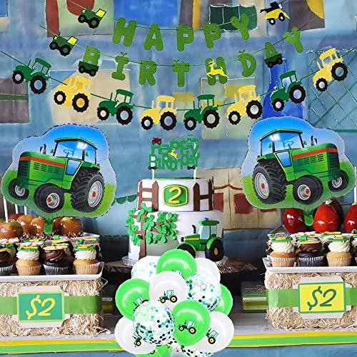 68Pcs Фарма Зелена Трактор Партија Материјали Трактор Роденден Украси за John Deere Тема Партија Среќен Роденден Банер Трактор Гарланд